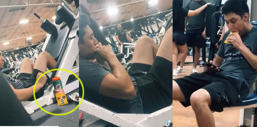 Captan a hombre comiendo comida de perro en GYM